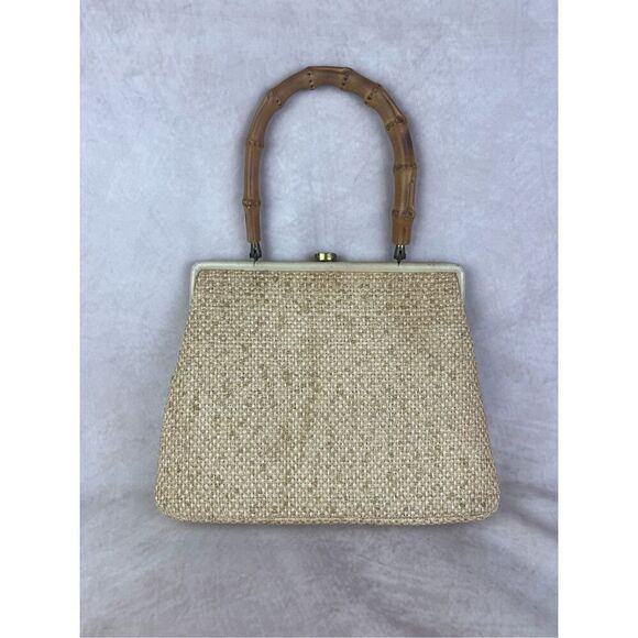 Vintage Mod Straw Purse with Bamboo Handle - Picture 2 of 7